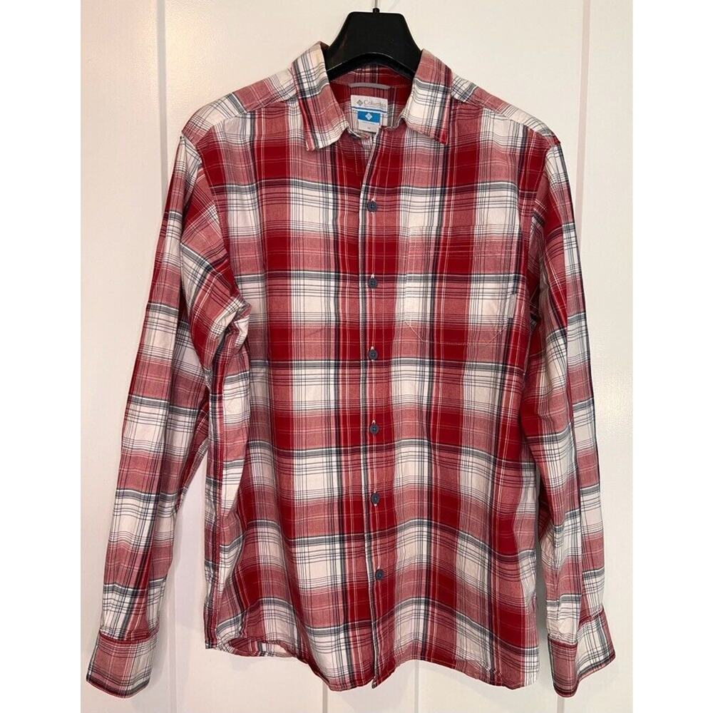 Columbia Mens Button-Up Shirt Red White Plaid Long Sleeve Cotton MEDIUM